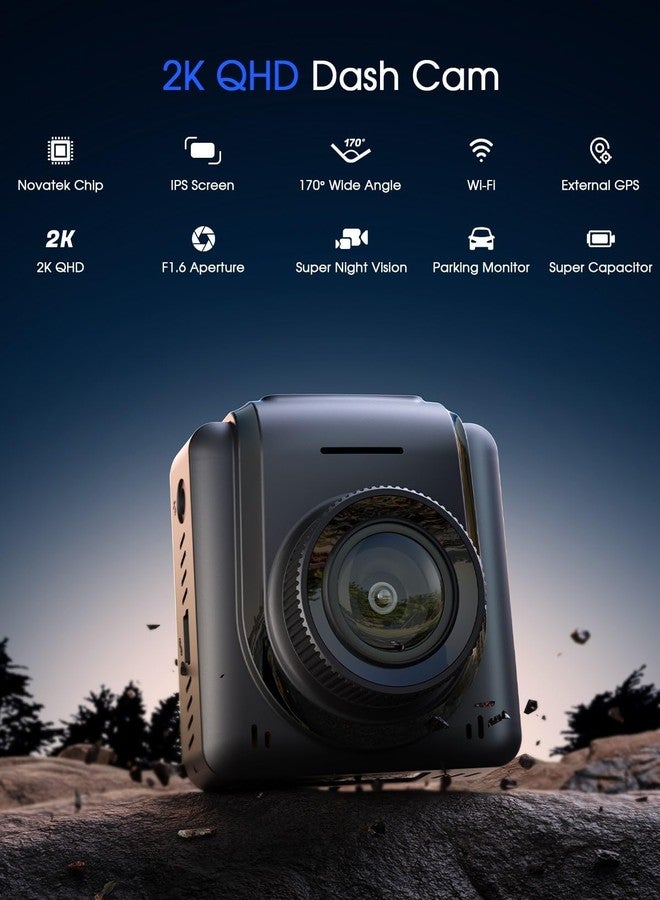 Avylet Dash Cam WiFi 2K, Car Camera with APP, External GPS, 1.5'' IPS Screen, Front Dash Camera for Cars, Mini Dashcams, WDR Night Vision, 24H Parking Monitor, Loop Recording, G-Sensor - Image 2